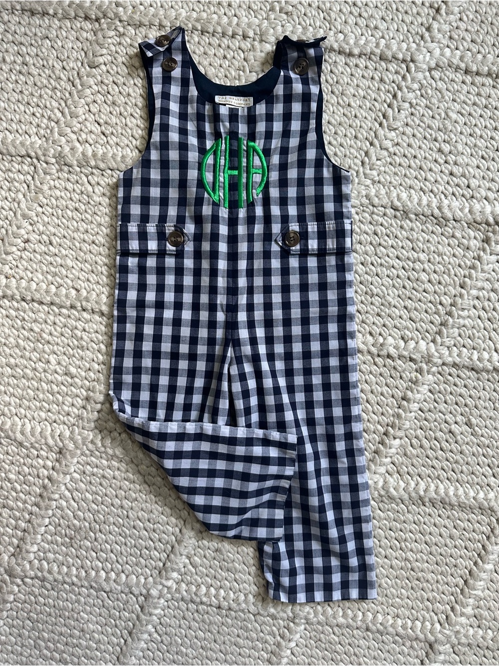 The Beaufort Bonnet Company Navy and White Gingham Overalls with Green Monogram